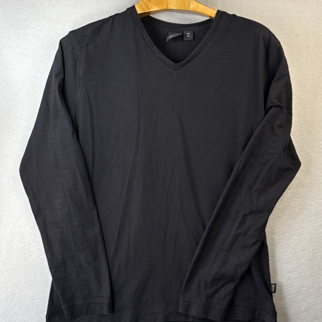 Hugo Boss Long Sleeve T-Shirt Mens Size Xl Regular Fit Black Ribbed Panel V-Neck
